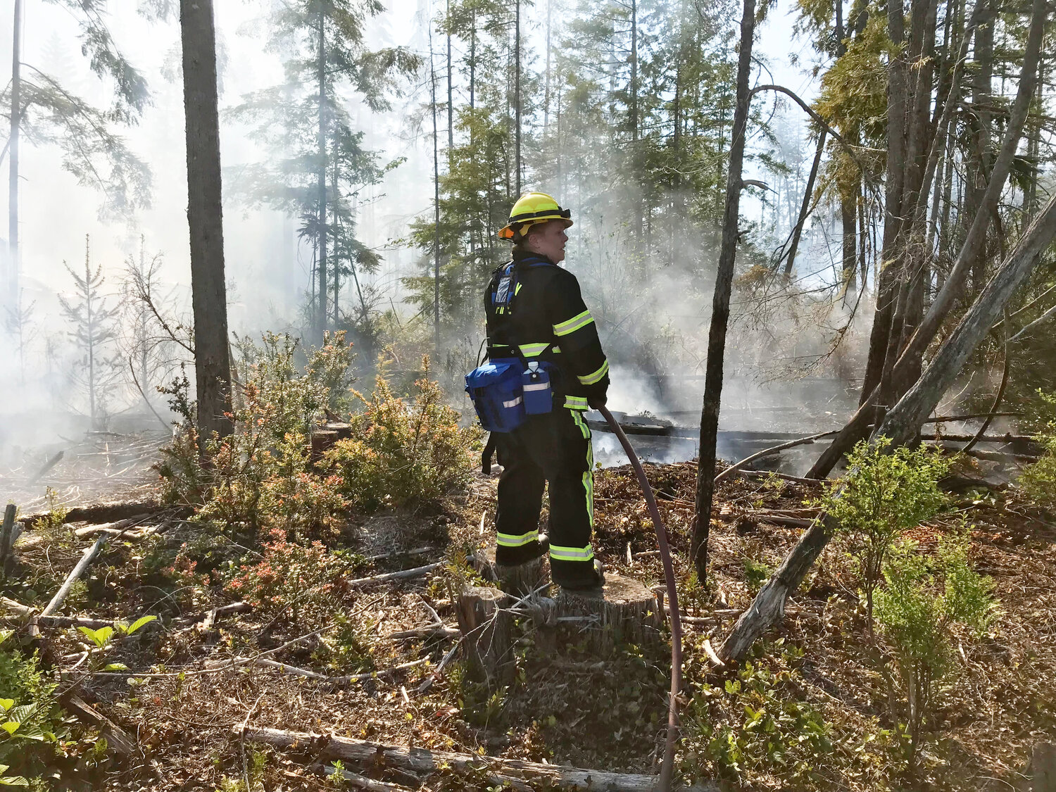 A firefighter works to knock down a wildfire last week at Finch Creek.